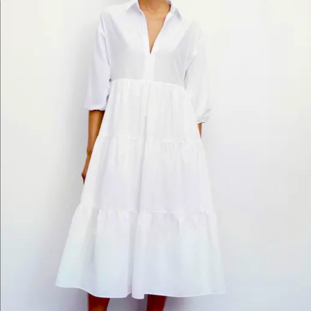 Zara  white cotton tiered midi dress. NWT